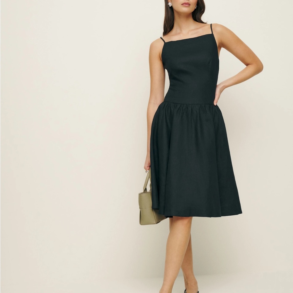 Reformation Black Pleated Spaghetti Strap Midi Dress